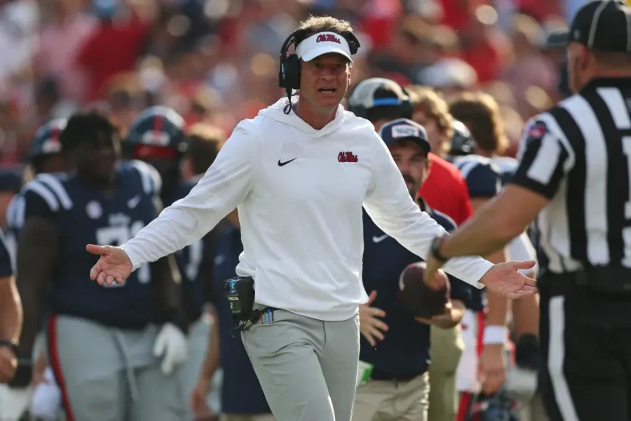 Mississippi Rebels head coach Lane Kiffin reacts toward an official during the third quarter against the Tulane Green Wave at Vaught-Hemingway Stadium on September 20, 2025. Petre Thomas-Imagn Images
