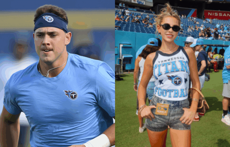 Gunnar Helm, rookie tight end for the Tennessee Titans (left) and GF Erin Schassler (right). Photo credits: Imagn and Instagram