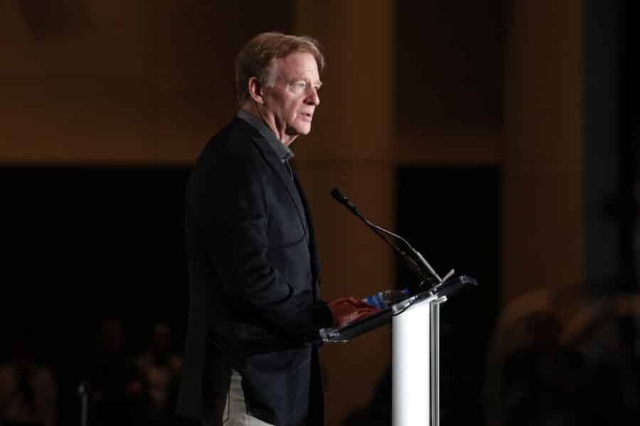 Feb 10, 2025; New Orleans, LA, USA; NFL commissioner Roger Goodell speaks at the Super Bowl LIX host committee handoff press conference. Mandatory Credit: Kirby Lee-Imagn Images