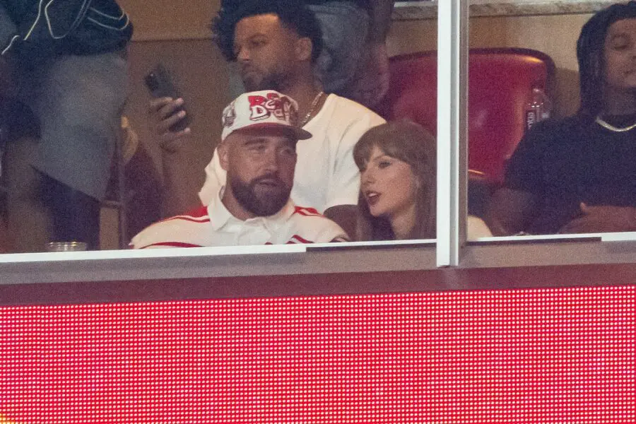 Aug 28, 2025; Kansas City, Missouri, USA; Travis Kelce and Taylor Swift during the third quarter between the Cincinnati Bearcats and the Nebraska Cornhuskers at GEHA Field at Arrowhead Stadium. Mandatory Credit: Dylan Widger-Imagn Images