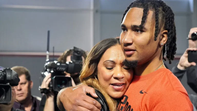 Ohio State quarterback C.J. Stroud hugs his mother, Kim, after his workout on the Buckeyes’ pro day. CJ Stroud. Image Credit: © Lori Schmidt / Columbus Dispatch / USA TODAY NETWORK