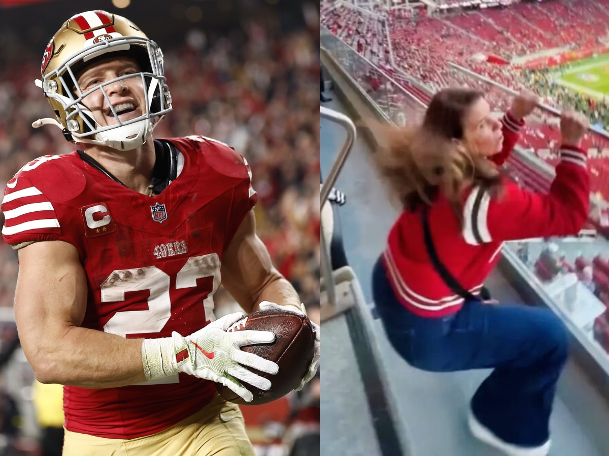 Lisa McCaffrey drops low and dances during her son Christian McCaffrey’s MNF game