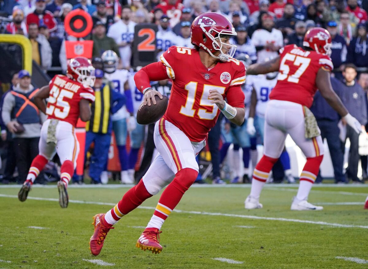 Nov 21, 2021; Kansas City, Missouri, USA; Kansas City Chiefs quarterback Patrick Mahomes (15) against the Dallas Cowboys during the game at GEHA Field at Arrowhead Stadium. Mandatory Credit: Denny Medley-USA TODAY Sports