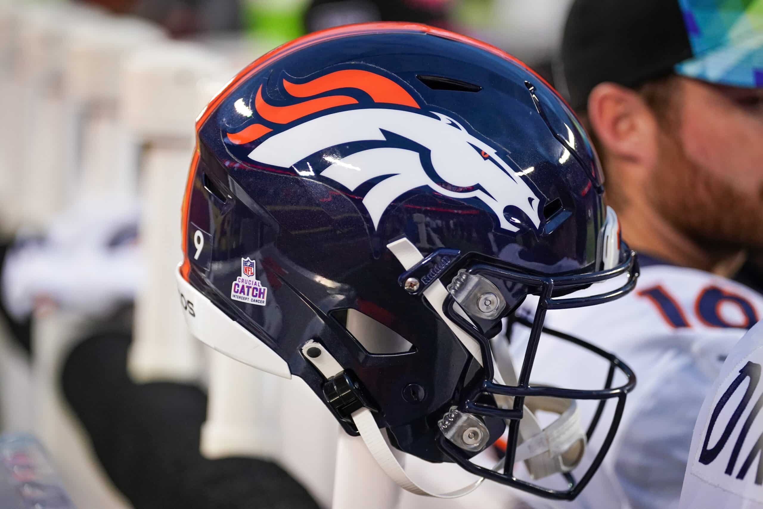 Oct 12, 2023; Kansas City, Missouri, USA; A general view of a Denver Broncos helmet against the Kansas City Chiefs prior to a game at GEHA Field at Arrowhead Stadium. Mandatory Credit: Denny Medley-USA TODAY Sports