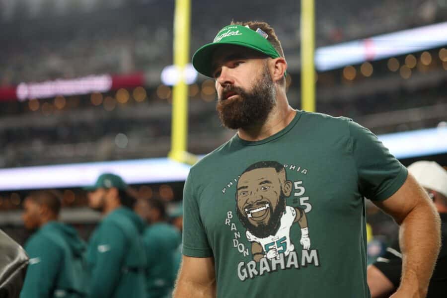 Sep 4, 2025; Philadelphia, Pennsylvania, USA; Philadelphia Eagles former player Jason Kelce looks on prior to the game between the Philadelphia Eagles and the Dallas Cowboys at Lincoln Financial Field. Mandatory Credit: Bill Streicher-Imagn Images