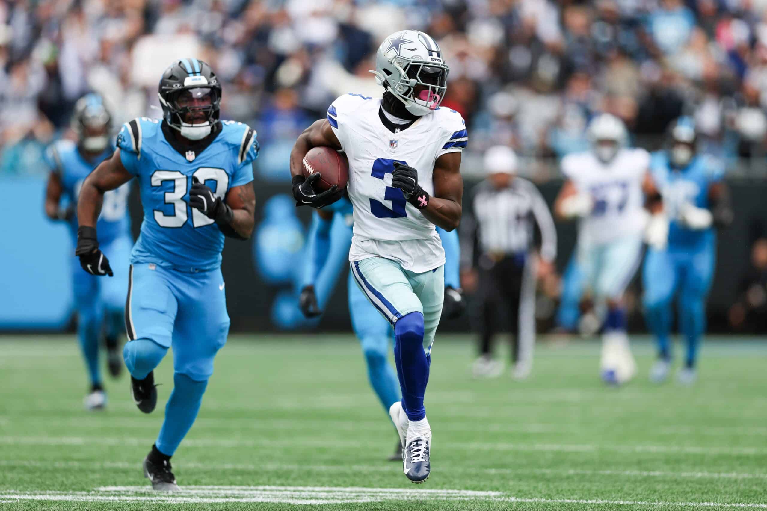 Oct 12, 2025; Charlotte, North Carolina, USA; Dallas Cowboys wide receiver George Pickens (3) runs with the ball during the second half against the Carolina Panthers at Bank of America Stadium. Mandatory Credit: Cory Knowlton-Imagn Images