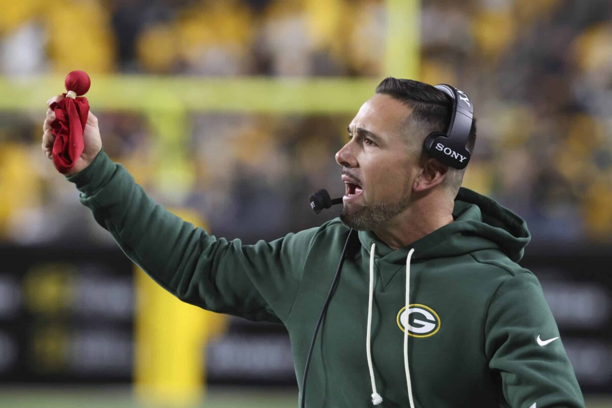 Oct 26, 2025; Pittsburgh, Pennsylvania, USA; Green Bay Packers head coach Matt LaFleur challenges the call during the fourth quarter against the Pittsburgh Steelers at Acrisure Stadium. Mandatory Credit: Charles LeClaire-Imagn Images