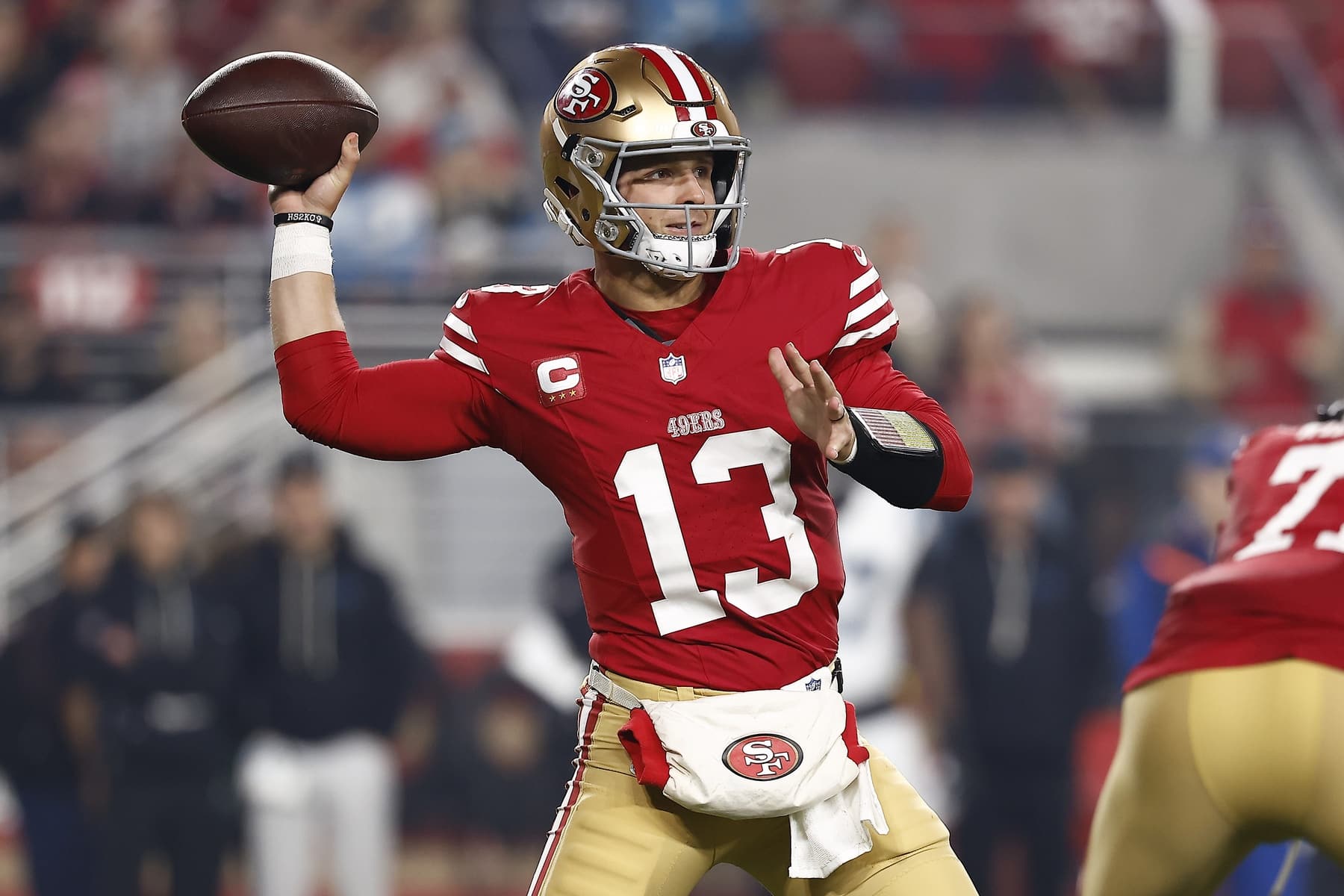 Nov 24, 2025; Santa Clara, California, USA; San Francisco 49ers quarterback Brock Purdy (13) drops back to pass against the Carolina Panthers during the first half at Levi's Stadium. Mandatory Credit: Kelley L Cox-Imagn Images