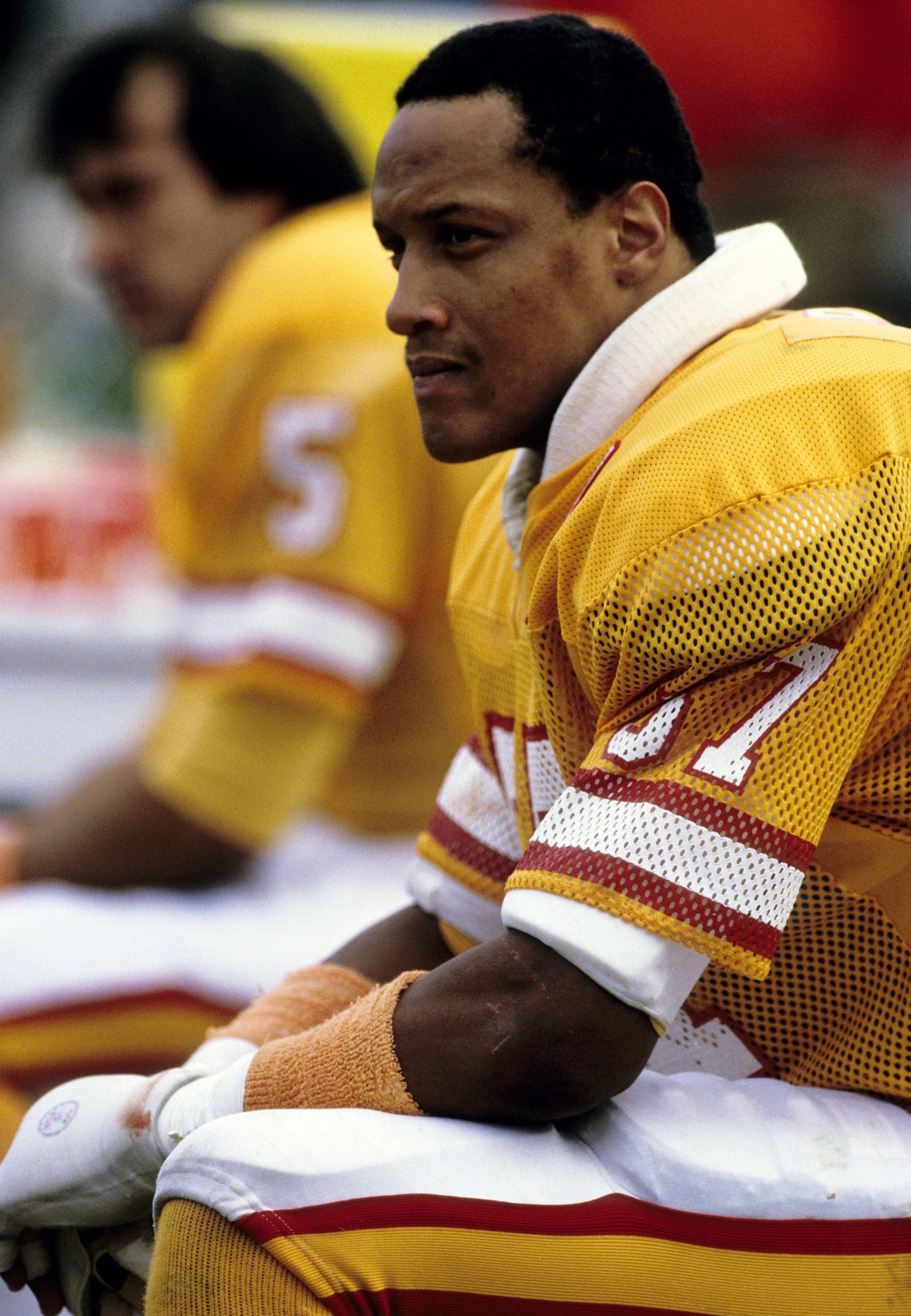 Dec 15, 1985; Tampa, FL, USA; FILE PHOTO; Tampa Bay Buccaneers linebacker Keith Browner (57) on the bench against the Indianapolis Colts at Tampa Stadium. The Colts defeated the Bucs 31-23. Mandatory Credit: Imagn Images
