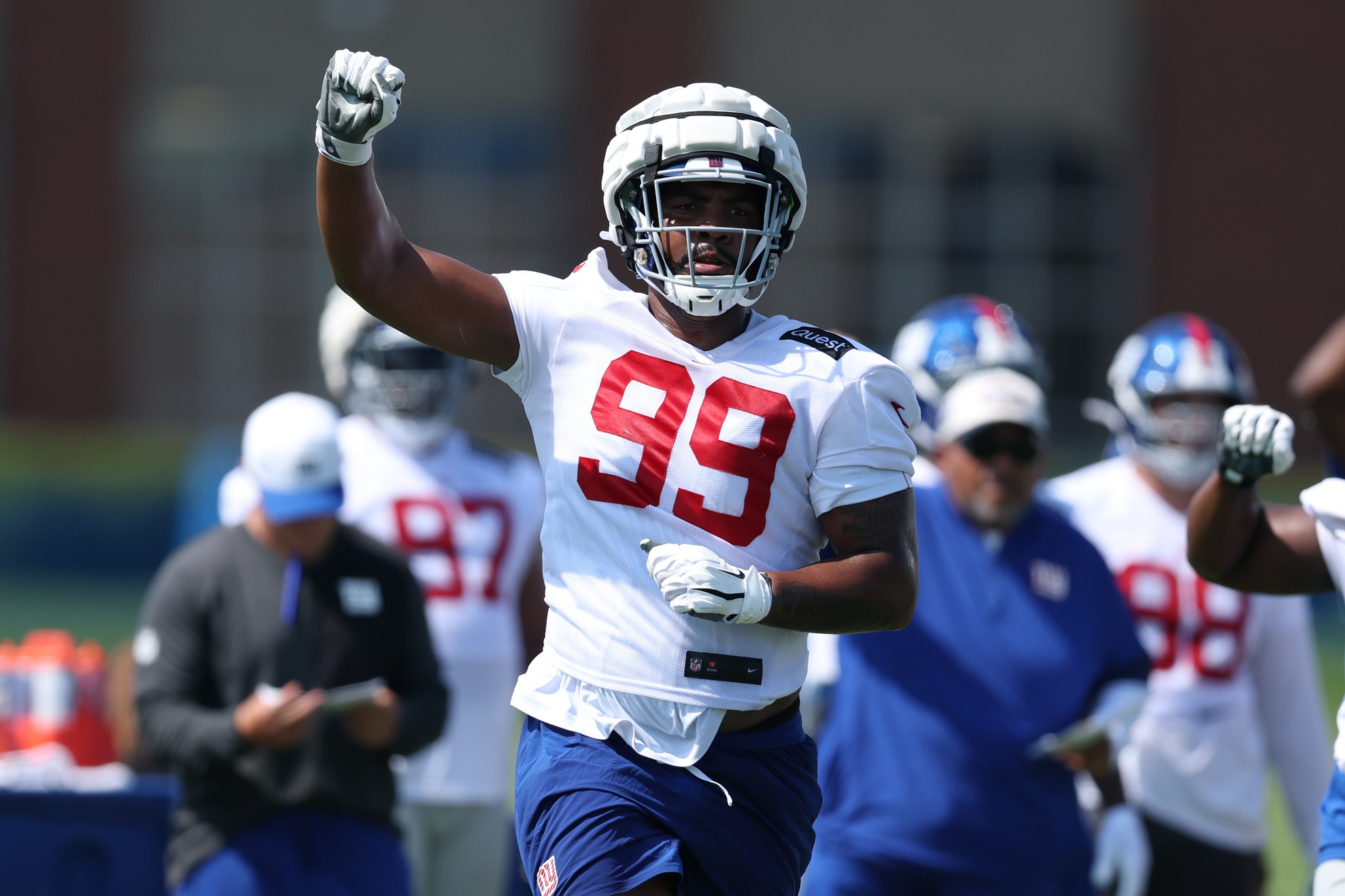 Jul 24, 2025; East Rutherford, NJ, USA; New York Giants defensive tackle Jordon Riley (99) on the field during training camp at Quest Diagnostics Training Center. Mandatory Credit: Vincent Carchietta-Imagn Images
