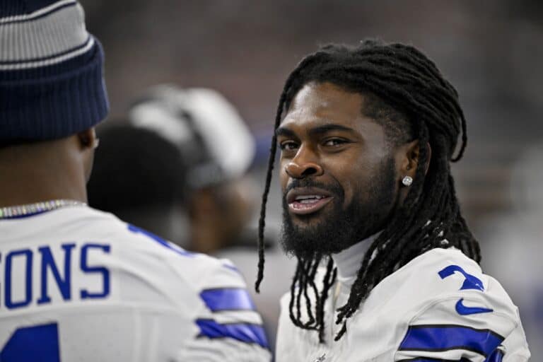 Aug 16, 2025; Arlington, Texas, USA; Dallas Cowboys cornerback Trevon Diggs (7) looks on before the game between the Dallas Cowboys and the Baltimore Ravens at AT&T Stadium. Mandatory Credit: Jerome Miron-Imagn Images