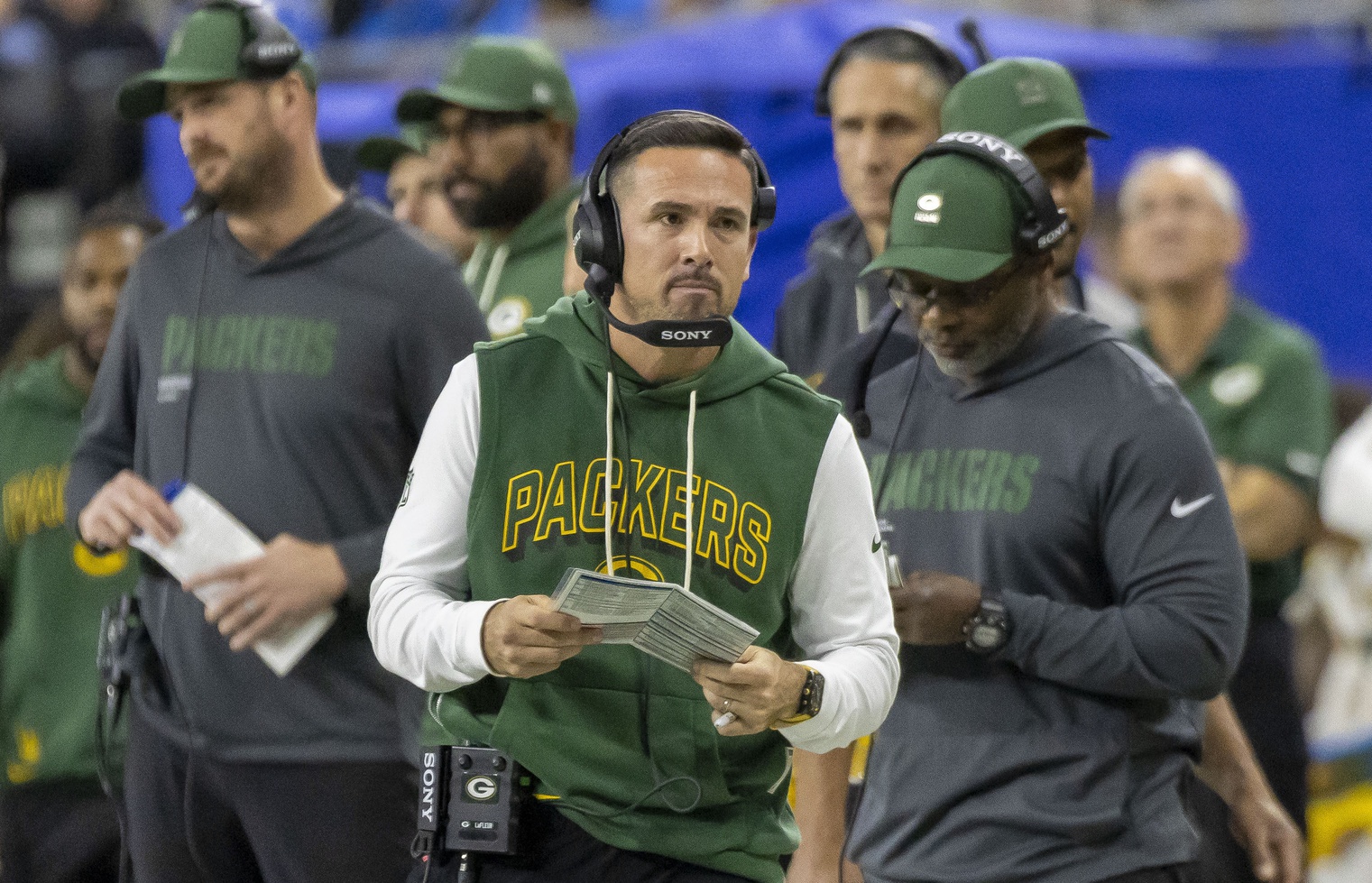 Nov 27, 2025; Detroit, Michigan, USA; Green Bay Packers head coach Matt LaFleur looks on against the Detroit Lions during the third quarter at Ford Field. Mandatory Credit: David Reginek-Imagn Images