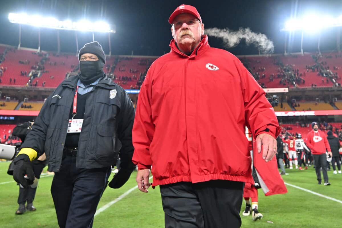 Dec 7, 2025; Kansas City, Missouri, USA; Kansas City Chiefs head coach Andy Reid walks off the field after the game against the Houston Texans at GEHA Field at Arrowhead Stadium. Mandatory Credit: Amy Kontras-Imagn Images