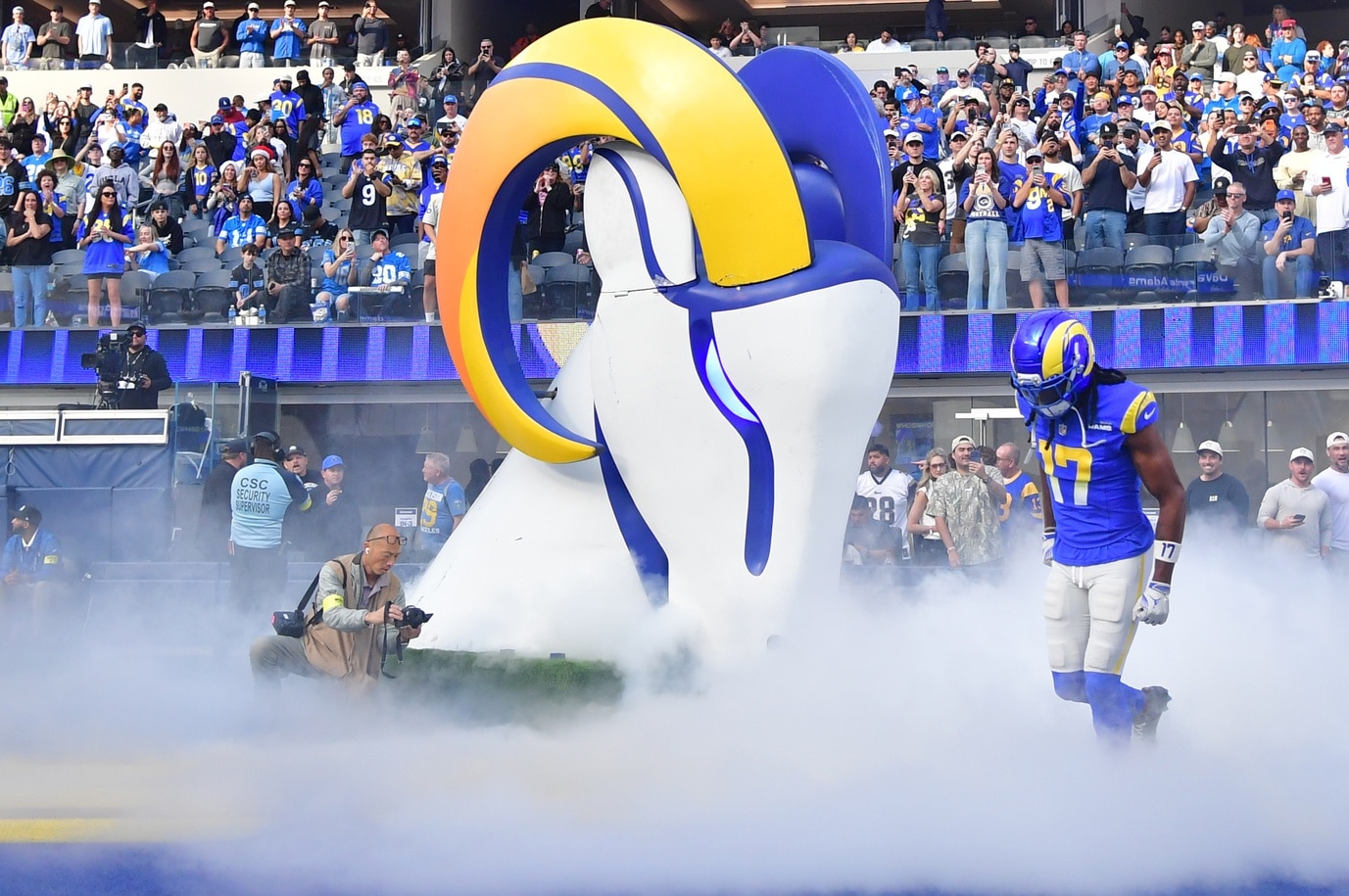 Dec 14, 2025; Inglewood, California, USA; Los Angeles Rams wide receiver Davante Adams (17) runs onto the field prior to the game against the Detroit Lions at SoFi Stadium. Mandatory Credit: Gary A. Vasquez-Imagn Images