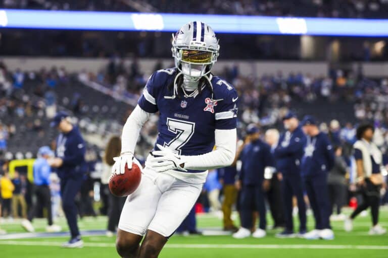 Dec 21, 2025; Arlington, Texas, USA; Dallas Cowboys cornerback Trevon Diggs (7) participates in pregame warmups against the Los Angeles Chargers at AT&T Stadium. Mandatory Credit: Kevin Jairaj-Imagn Images