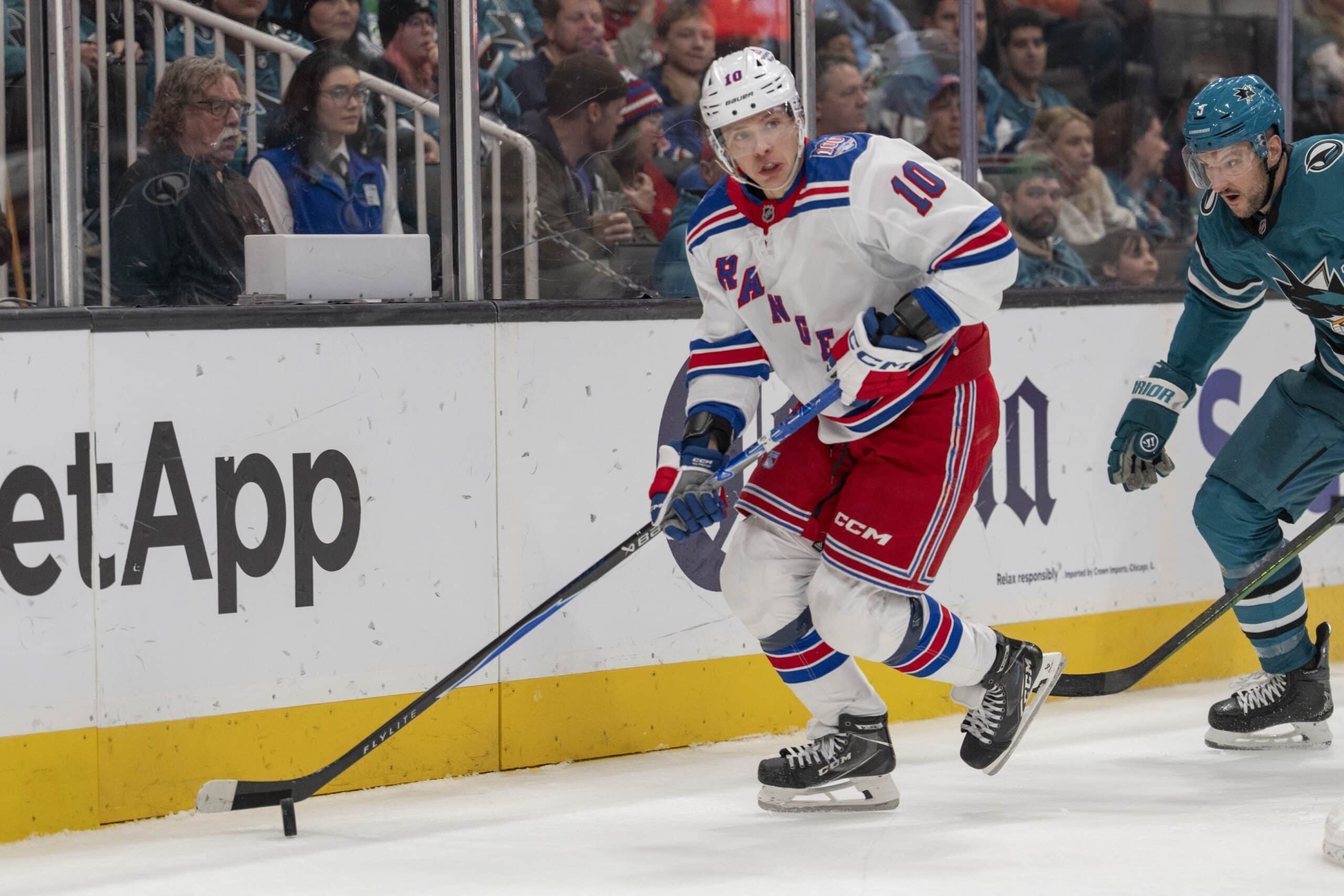 Jan 23, 2026; San Jose, California, USA; New York Rangers left wing Artemi Panarin (10) looks to pass the puck during the third period against the San Jose Sharks at SAP Center at San Jose. Mandatory Credit: Stan Szeto-Imagn Images