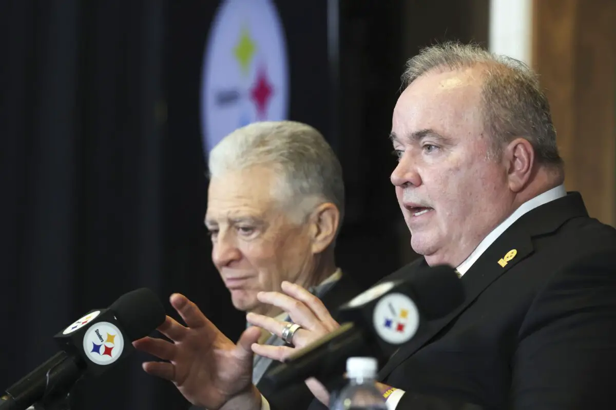 Jan 27, 2026; Pittsburgh, PA, USA; Pittsburgh Steelers head coach Mike McCarthy (right) speaks at a press conference introducing him as the next head coach of the Steelers as owner Art Rooney II (left) listens in at PNC Champions Club at Acrisure Stadium.. Mandatory Credit: Charles LeClaire-Imagn Images