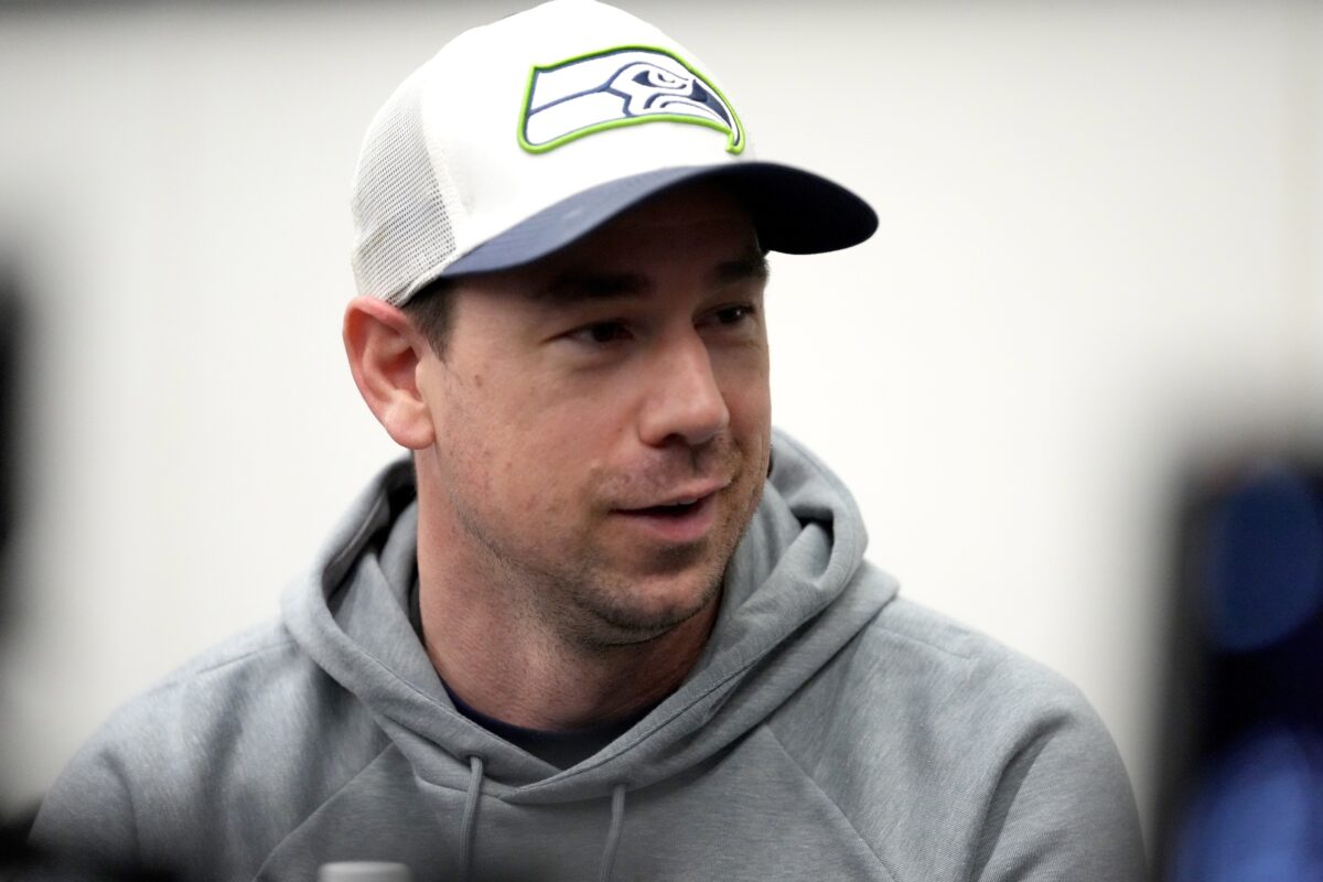 Feb 4, 2026; San Jose, CA, USA; Seattle Seahawks offensive coordinator Klint Kubiak speaks to the media at the San Jose Convention Center. Mandatory Credit: Cary Edmondson-Imagn Images